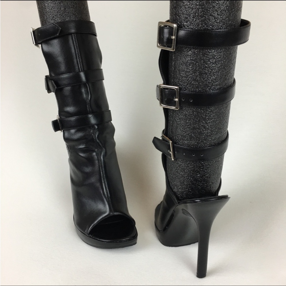 Pleaser Vogue open toe sandal boots black 3 buckle straps mid calf women 7 new - Picture 3 of 8
